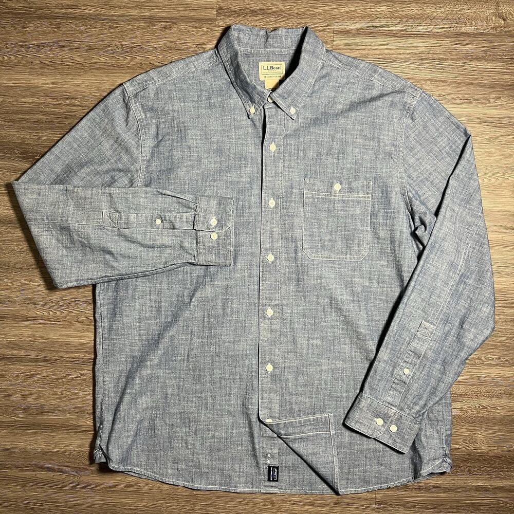 LL Bean Comfort Stretch Chambray Shirt Men's L Indigo Untucked 513067 EUC